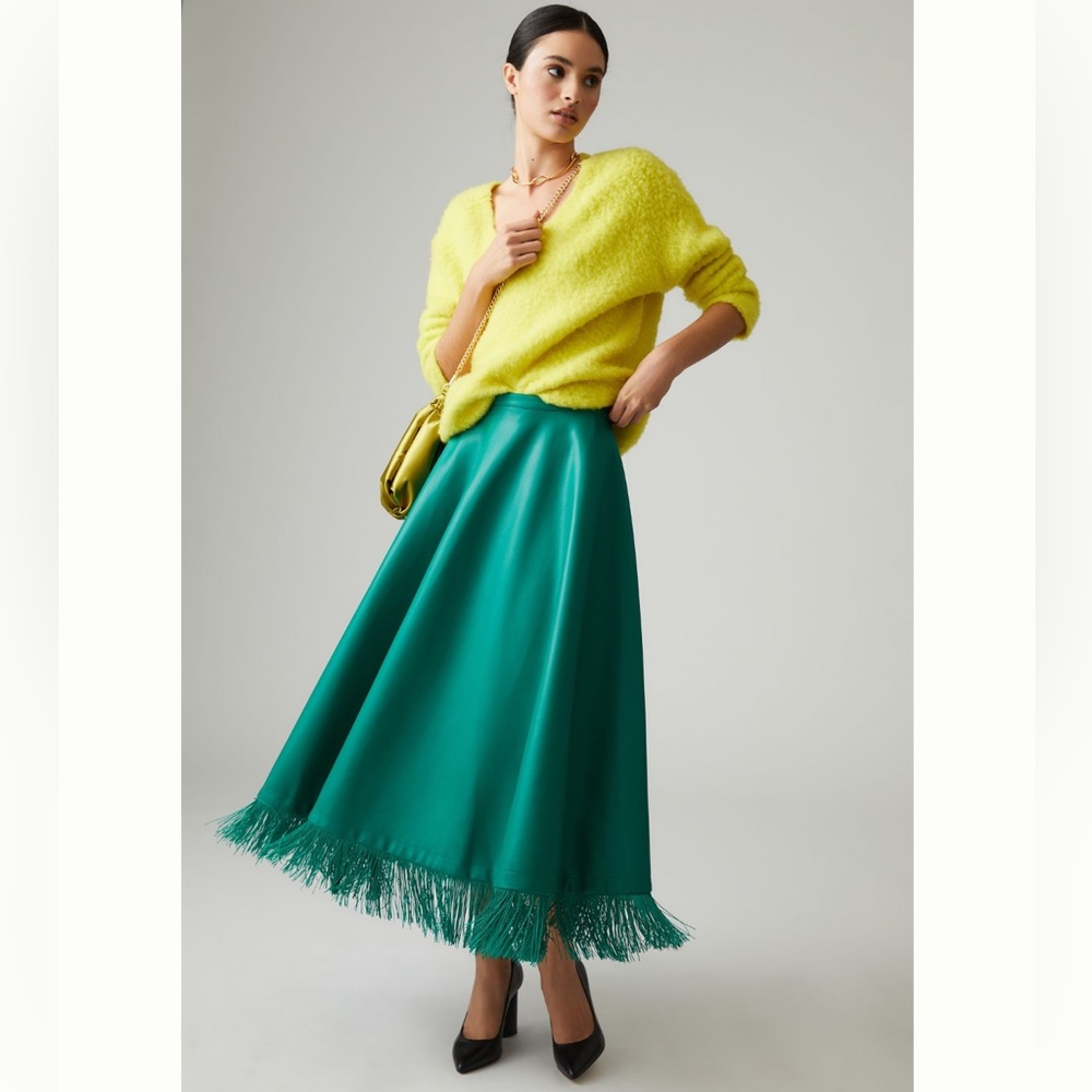Maeve faux leather fringe skirt